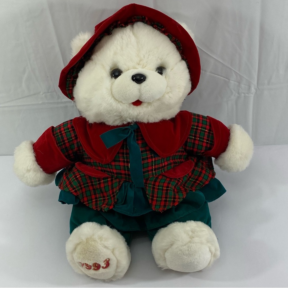 Vintage 1993 Holiday Teddy Bear White Plush With Green& Red Dress Size:21’’Tall